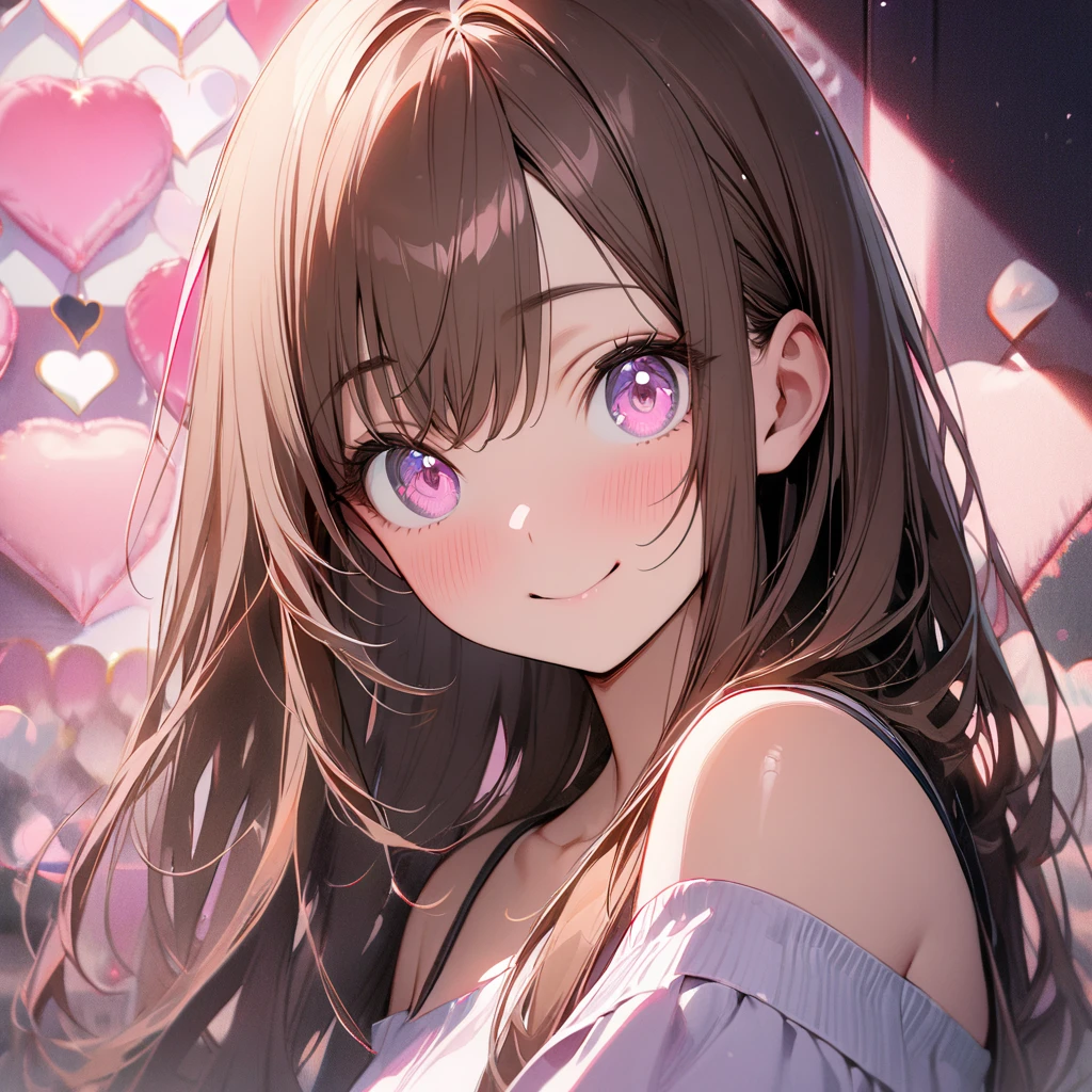 1 girl,solo,Upper body,ultra-detailed face,detailed eyes,pink eyes,Captivating Eye Reflections,Meticulous Eyelash Details,long hair,straight hair,Glossy brown hair,off shoulder,holding a heart-shaped cushionfrom side,smile,(pink fluttering-heart background),highly detailed illustration,masterpiece,8K,top quality