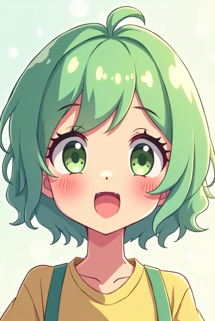 Create a 2d image of a cute anime girl smiling with light green hair excited vtuber