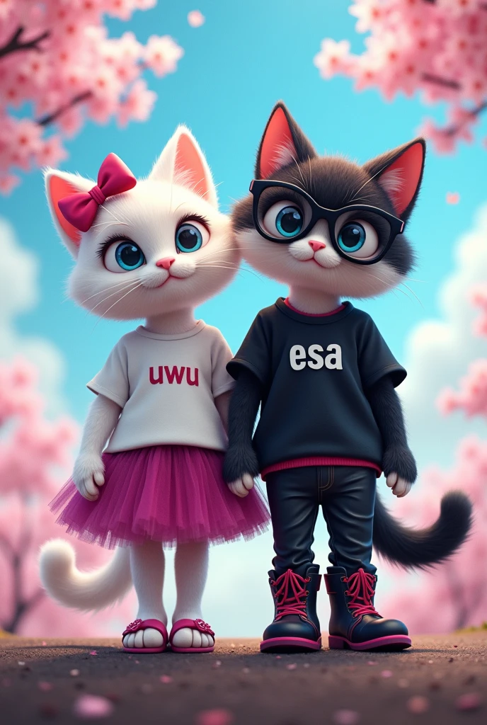 anthropomorphic white female cat with soft and fluffy fur and ribbon on her head, write 'uWu' on her white shirt and magenta tutu skirt and magenta croc sandal. And anthropomorphic black and white male cat with soft and fluffy fur & rocker style black glasses, write 'eSa' on his black shirt and leather pants and boots. They are standing side by side on the hill with cherry blossom tree, blue and bright sky, cinematic color grading, dramatic lighting. full body shot.