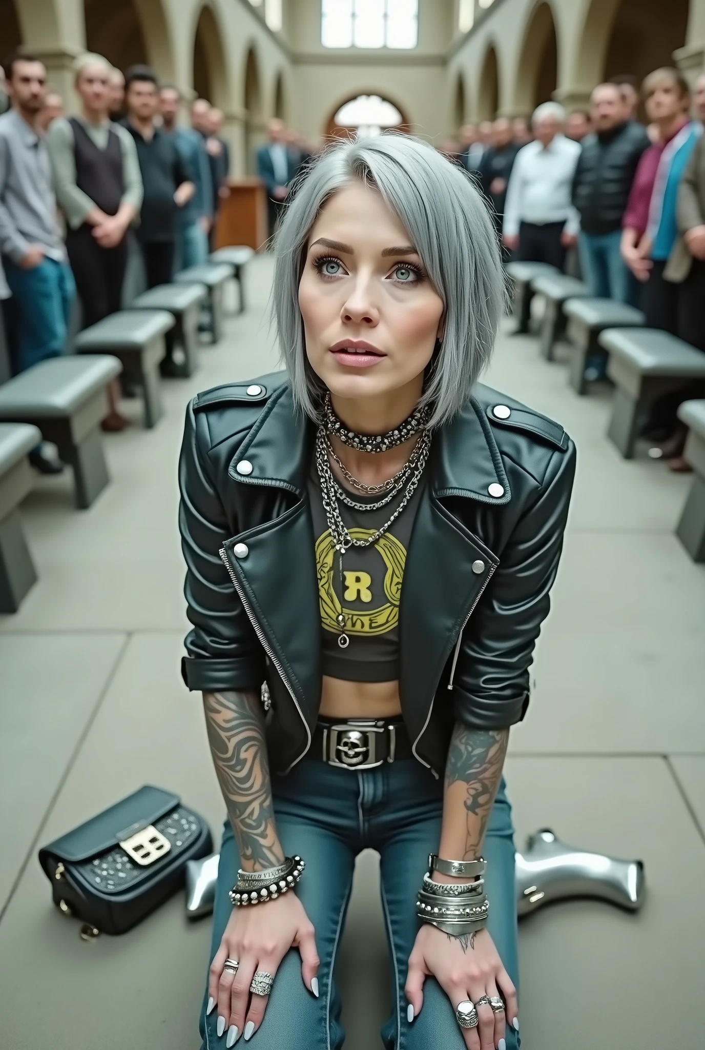 Caucasian milf woman, grey hair (very short hair) with very light blue eyes, extremely pale. Wearing  cropped black moto jacket (with side zippers and pins), undersized cropped t-shirt with guns and roses logo , dark skinny stone washed blue jeans (with white seams) and pointy silver Chelsea boots with cuban heels . Lots of metallic bracelets and collars. Tacky wide studded leather belt (with oversized skull and bones huge buckle). Long bohemian earrings. Kneeling like in a payer, looking at the camera, humble facial expression. Hands on her knees, showing off bracelets and rings. studded black leather tote bag with chains on the floor, next to her..  Listening in amazement to somebody speaking to her with tilted head, well toned abdominals, thin neck, slim legs and thin arms. Tattoed heavily.  In a church: a lot of people around outraged. next to her, all her belongings on the floor. 