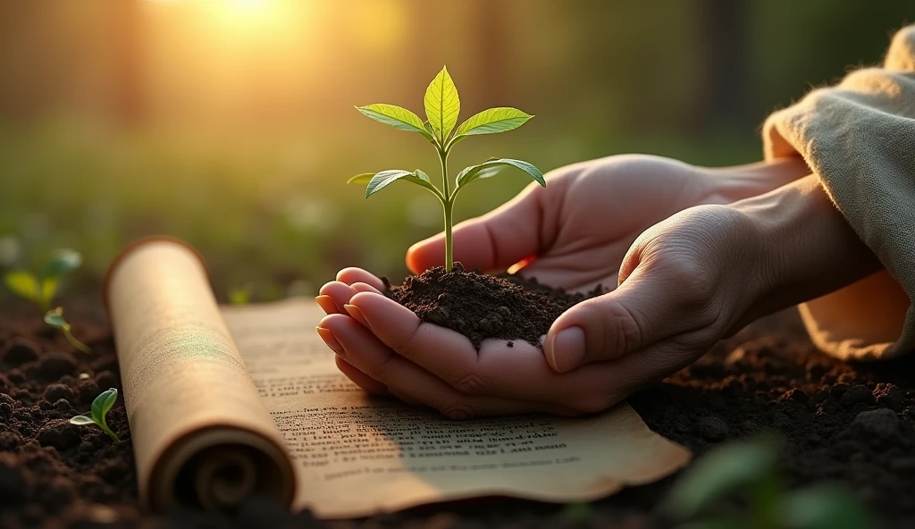 Create a hyper-realistic and mysterious image of a hand of Solomon holding a small plant that is beginning to sprout from fertile soil, symbolizing the beginning of a growth process that requires patience and dedication. Next to the plant, a partially unrolled scroll shows a quote about the importance of persistence. The background should be softly blurred, with the golden light of dawn illuminating the plant and the hand, creating a dramatic focus on the symbolism of slow and steady growth that leads to true success.