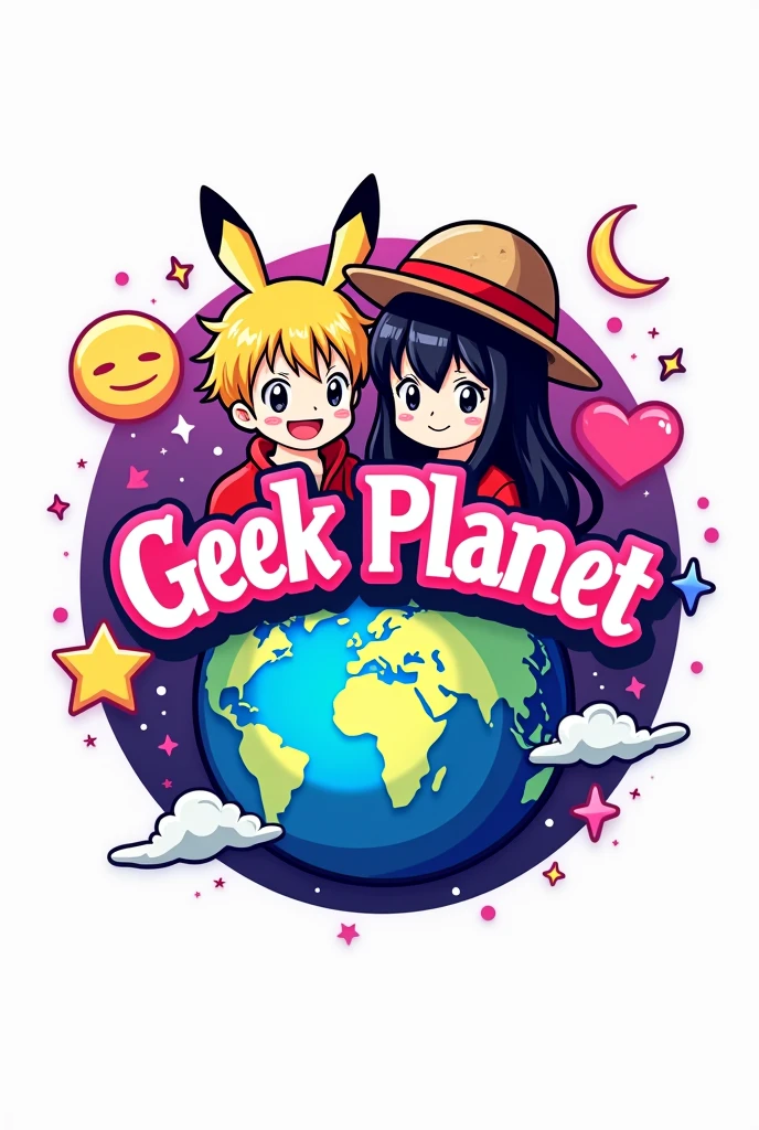 logo con un 🌎 en grande y en la parte de hasta atrás combinado con estrella, heart and crescent moon in pink and purple colors, two anime figures the boy with wavy hair and the girl with straight black hair, T-shirts and Pikachu ears or with the straw hat (Luffy de one piece) and have the name geek planet in the middle (with vivid colors the whole image) with white background