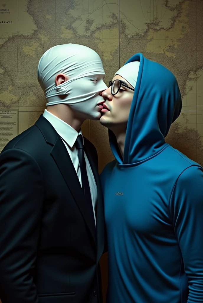 On the map we have two men doing it and at night on the left side a seated man wears a suit with a black tie has a white fabric covering his entire face which is what goes towards the back of his head back to him also seated is another person however a blue shirt hooded with a white hood he has glasses superimposed on the hood and a white bob a white bob hat