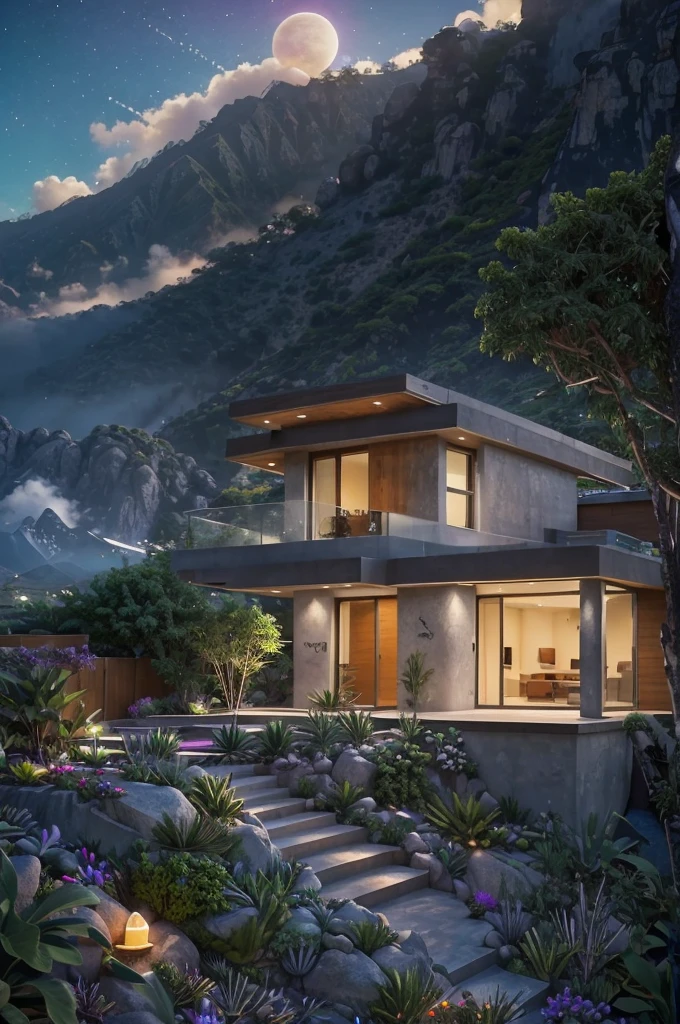 small and beautiful modern house in top of big boulders, terraces, pool, stairs, multiple cacti gardens, palms, trees, rocks, beautiful landscape design, mountains and volcano y background, amazing clouds, sun, moon, planets, milky way galaxy, concrete, wood, glass and steel materials, olive green, violet, orange and withe colors in facade