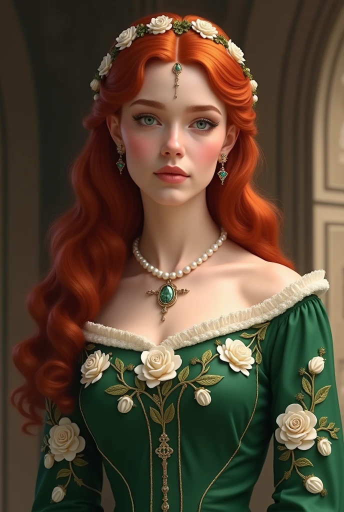 Lady of House Tyrell wearing a green dress with white rose embroidery, wearing a pearl necklace, with red hair, Pele branca como a neve, rosy mouth and cheeks, sculptural body
