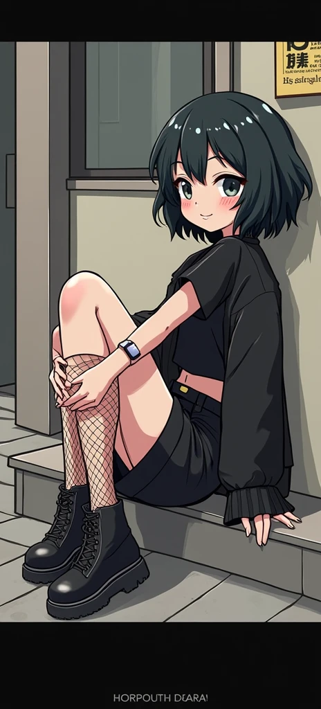 make a cute and minimalist cartoon illustration, of one with short black hair, short bangs, ela usa cropped preto, black apple watch on the arm, wears black coat, wears black shorts and fishnet stockings, make it cute