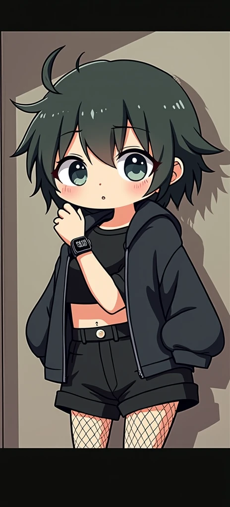 make a cute and minimalist cartoon illustration, of one with short black hair, short bangs, ela usa cropped preto, black apple watch on the arm, wears black coat, wears black shorts and fishnet stockings, make it cute