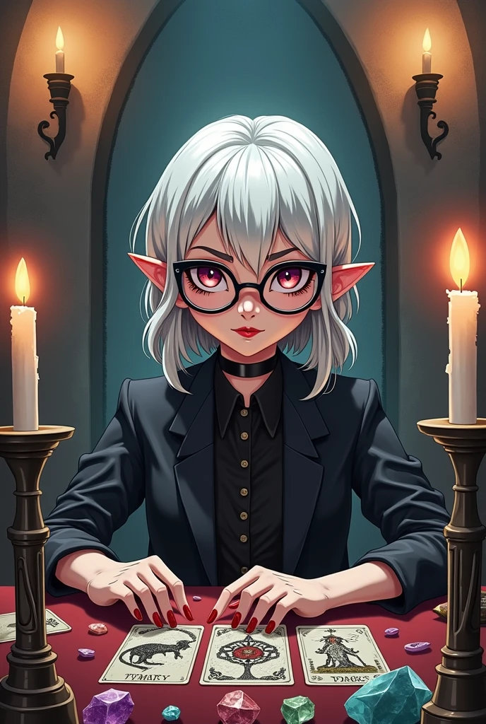 Tarot Cards,fortune teller,Mysterious Room、Black-rimmed glasses,Red Nails,Mysterious smile