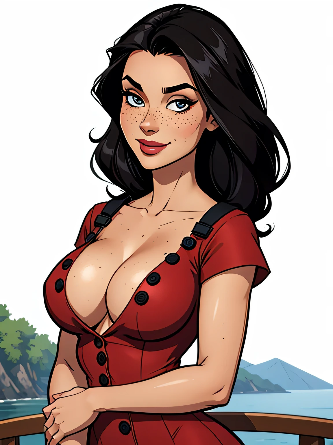 Thin woman, age 25, 4K (High definition), mysterious smile, seducing gaze, eyes browns, wearing a red dress with a boat neckline (with buttons) and short sleeves, arms positioned at the side of the body, Caucasian skin, straight black hair down to shoulder length, standing (upper body), full of curves with freckles across her chest and neck, natural round breasts. Marvel style high quality, white background.