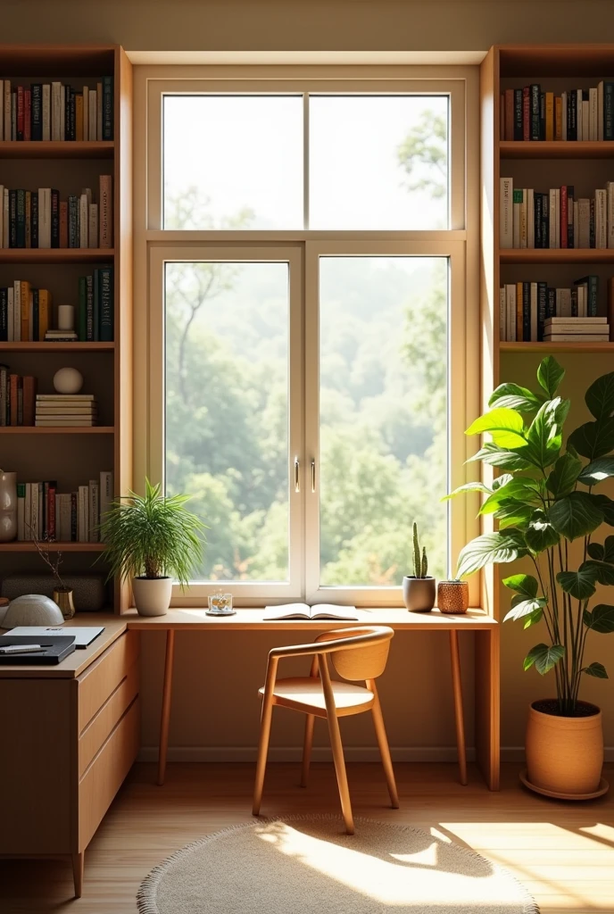Wall with books, picture window, sunshine, modern design plant colors desk detached from the wall chair notebook pen Feng shui 