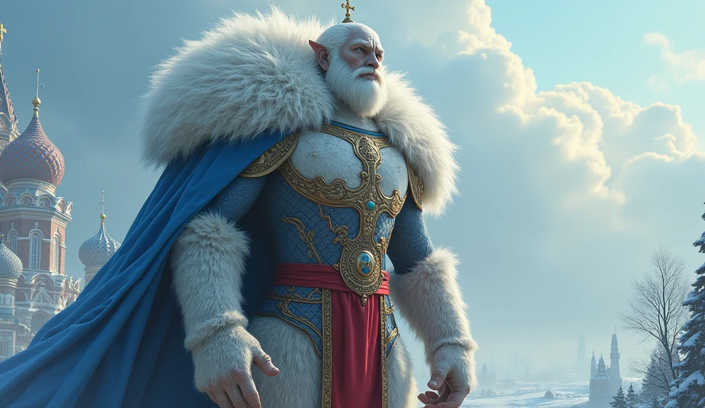 Russia as a soviet imperial tsarist giant warrior League of Legend creature in white, blue and red colors. Intricated clothing. Cinematic Fantasy sci-fi landscape background