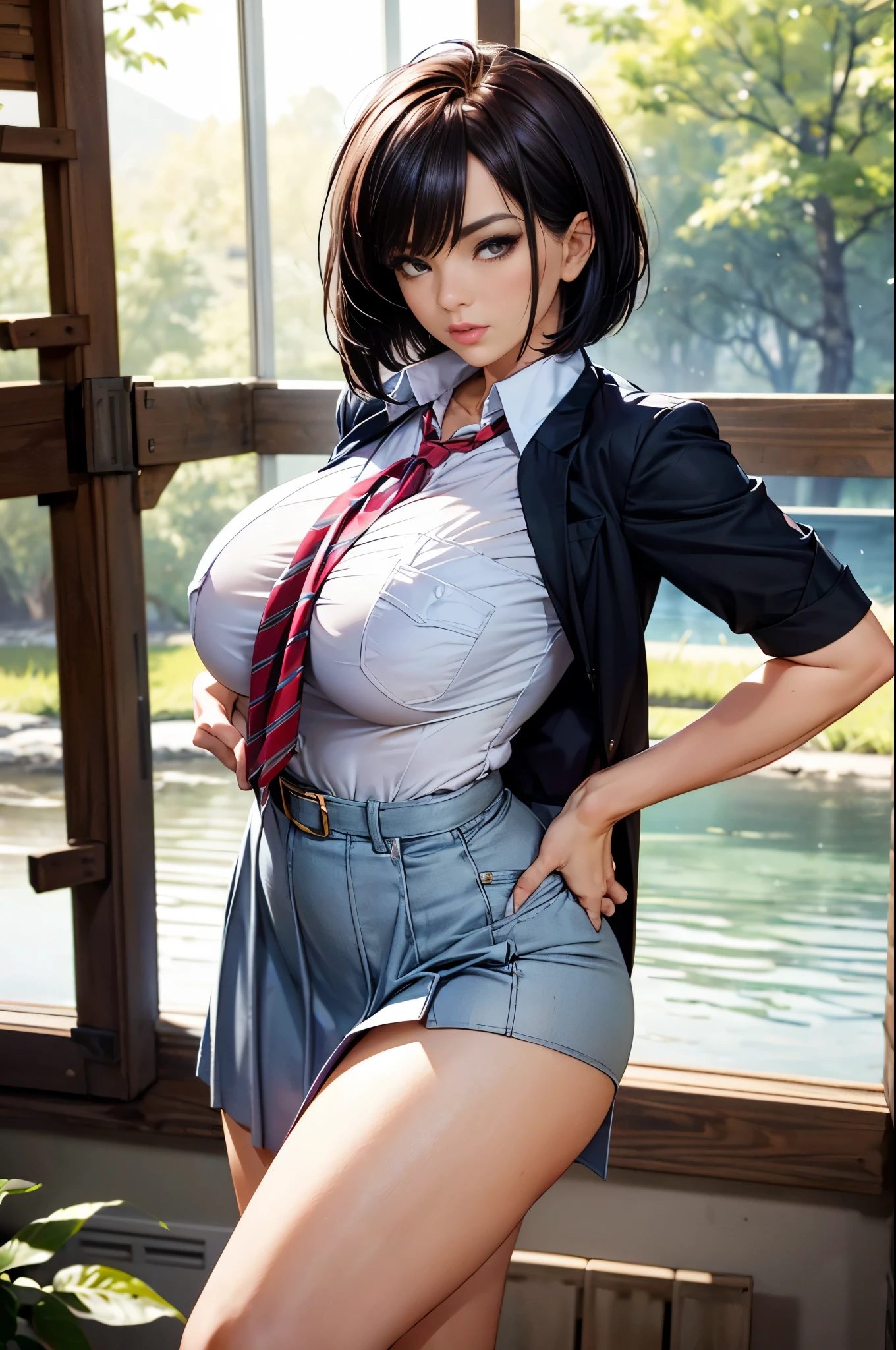 detailed eyes, (full body shot:1.2), 8k, (skinny body:1.2), curvy, (hands behind her back:1.2), seductive pose, looking at viewer, 8k vector photography, young , beautiful eyes, realistic lighting, detailed outfit, realistic facial features, hyper detail, (perfect angle, focus on face hips and breastegane), (very short hair:1.3), short disheveled hair, ahoge, huge chest, pioneer neckerchief, micro blue tight skirt, bangs, shirt, collarbone, very tight white shirt, short sleeves, collared shirt, belt, eyelashes, red neckerchief, breast pocket, face, realistic eyes, better face, summer morning forest, fake , charley.atwell