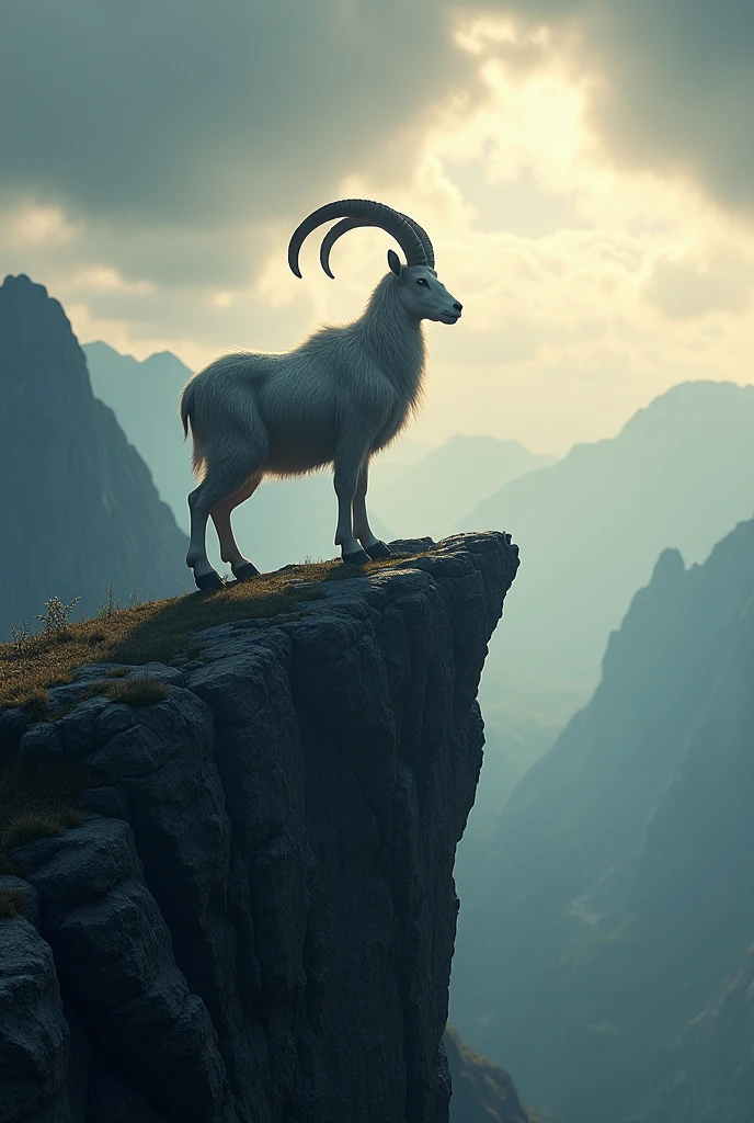 Create a photorealistic image of the Capricorn zodiac symbol depicted as a majestic mountain goat standing at the edge of a steep cliff. The goat is strong and muscular, its gaze fixed on the horizon, symbolizing determination and ambition. The background features a vast, mountainous landscape under a dramatic sky, with the first rays of sunlight breaking through the clouds. The scene is intense and powerful, capturing the resilience and steadfastness of Capricorns."