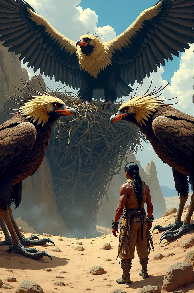 create an image of giant vultures looking at an Indian near their nest for a comic strip