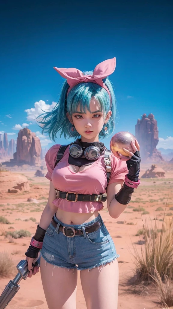 Bulma from Dragon Ball Z wearing a pink crop top, blue jeans, and holding a Dragon Ball.