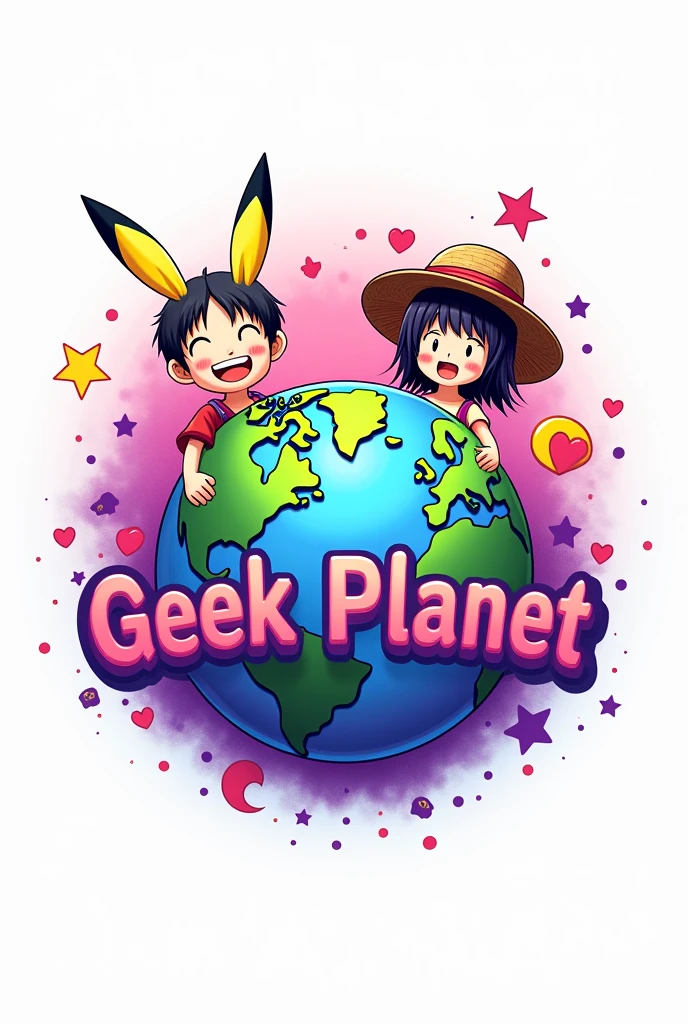 logo con un 🌎 en grande y en la parte de hasta atrás combinado con estrella, heart and crescent moon in pink and purple colors, two anime figures the boy with wavy hair and the girl with straight black hair, T-shirts and Pikachu ears or with the straw hat (Luffy de one piece) and have the name geek planet in the middle (with vivid colors the whole image) with white background