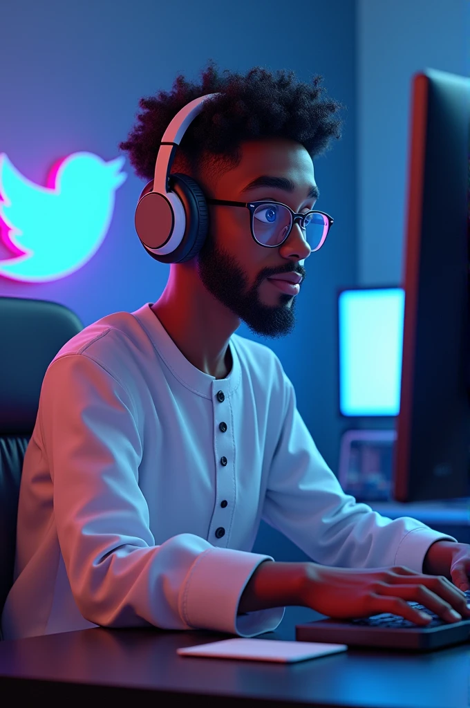 Create a 3D illustration featuring a realistic 20-year-old beautiful bearded boy busy developing software on a chair in front of a 3d logo of Facebook the boy wearing hausa dress from Northern Nigeria, with glasses,with headphones,the background of the image should showcase a social media profile page and the username Zulkiflu_Abdul A Ziz and a matching profile picture] and modify it according to your perspective 