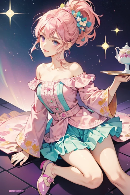 Saxon has peach skin with purple eyes, pink eyebrows, and pink lips. She wears her pink hair up in a ponytail with her bangs swept to the left side. She has a pair of peach colored antennae on top of her head.
Saxon wears a teal off-shoulder shirt and a teal and pink snail swirl pattern skirt.
She wears teal flats on her feet and wears a purple flower in her hair.
She comes with a Dawdle figurine and a green flower stand.  SPARKLE; GLITTER