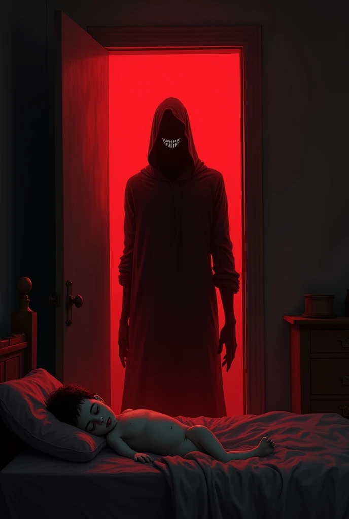 I would like to create an image where it appears to be a tall man, with no face, all Black, like a shadow. he is in the corner of the room, watching a  sleep with a creepy smile. a red portal is open behind him