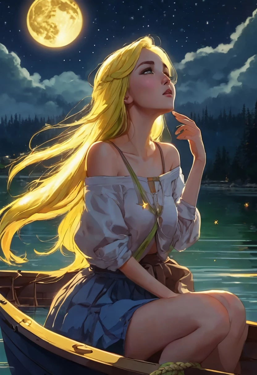 Youths .young girls boat clothes fishing kisses hugs touching each other cleavage long bodies Athletic thin medium breasts and medium buttocks long yellow hair braided green eyes .giant moon shooting stars falling 