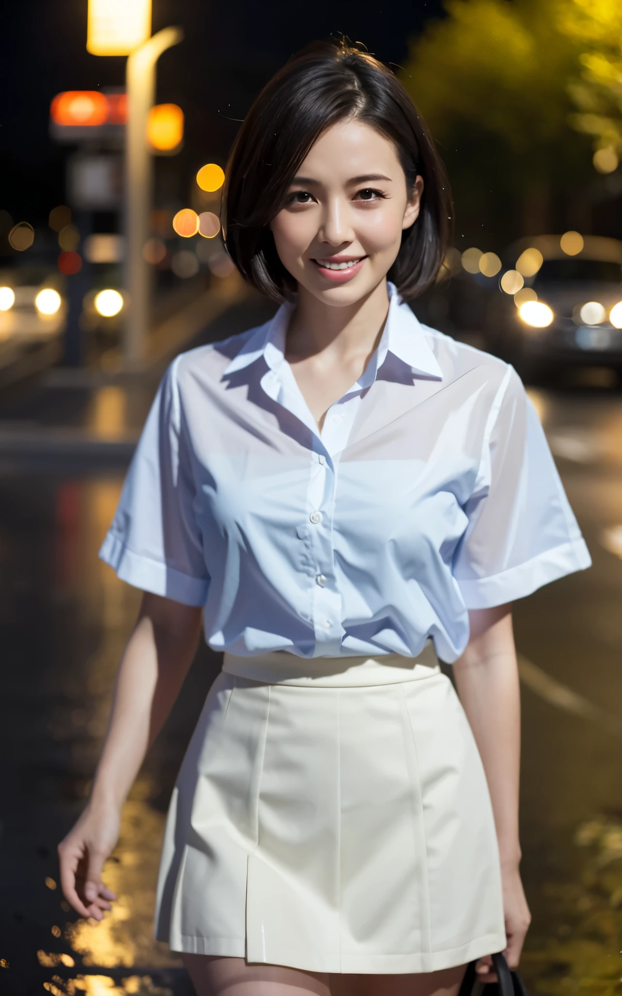 best quality, photorealistic, 8k, high res, 1girl, woman, (skindentation), (professional lighting), (portrait:0.6), (soaked White blouse, soaked Dark Skirt, ), gorgeous, (soaked short black hair:1), ((looking at viewer:1.5)), photorealistic, (bokeh), (dynamic pose:1.2), intense lighting to face area, lips, (teeth:1.3), smile, Dark Clouds, heavy rain, realistic rain effect
