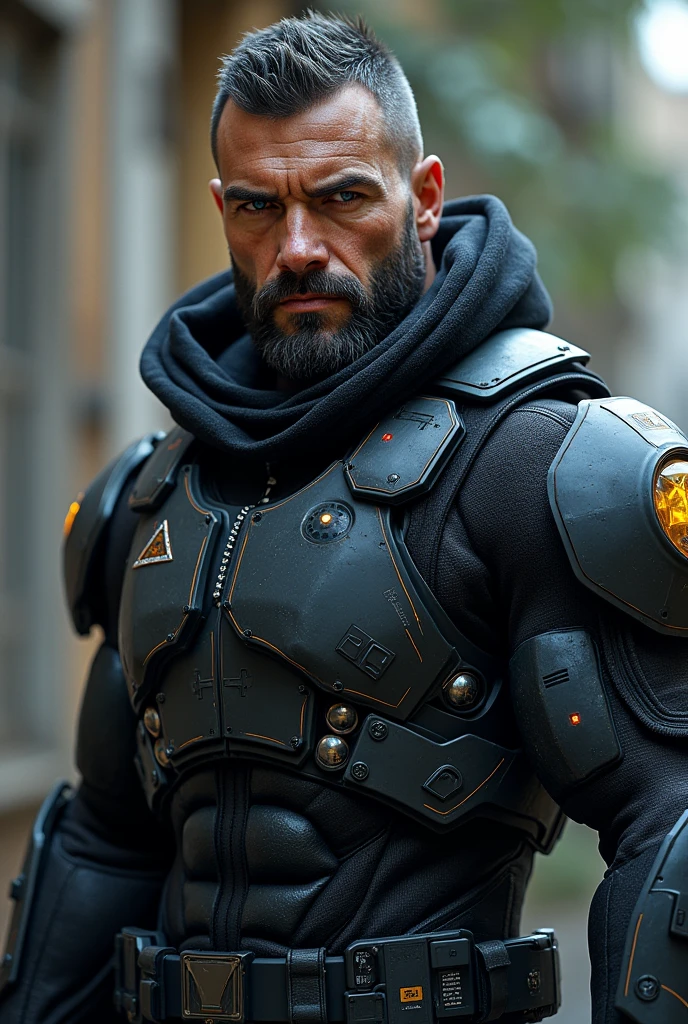 **Description Physique d'Orion "Steelheart" Hayes**
- **Cheveux** : Courts, rasés sur les côtés, gris foncé ou presque noir, avec une coupe nette et fonctionnelle
- **Visage** : Rugueux, avec des cicatrices visibles et des traits marqués, indiquant des années de combats et d'expérience
- **Yeux** : Intenses, couleur bleu acier ou gris clair, souvent illuminés par des éclats technologiques ou une légère lueur cybernétique
- **Peau** : Teint légèrement bronzé, avec des implants cybernétiques intégrés qui donnent un aspect métallique et froid à certaines zones
- **Taille et corpulence** : Grande taille, corpulence musclée et robuste, avec une posture droite et imposante
- **Implants cybernétiques** : Renforcement musculaire visible, exosquelette intégré sous la peau, augmentation des capacités physiques et de résistance ; composants métalliques au niveau des bras, des jambes et du torse, visibles sous une légère couche de peau synthétique
- **Vêtements** : Armure tactique sombre, en noir ou gris anthracite, avec des plaques renforcées, intégrant des éléments de technologie de pointe comme des capteurs et des communications
- **Accessoires** : Gants renforcés, ceinture équipée de dispositifs utilitaires et de munitions, casque léger avec visière rétractable ou intégré, souvent porté autour du cou ou fixé sur le côté
- **Ambiance** : Présence intimidante, avec des éléments de design cybernétique qui accentuent son aspect de guerrier moderne, et une aura de discipline et de détermination inflexible
- **Détails supplémentaires** : Éclairages LED discrets intégrés dans l'armure pour une meilleure visibilité dans l’obscurité, logos ou symboles de la division des forces spéciales sur les épaules ou le torse
Cyberpunk
