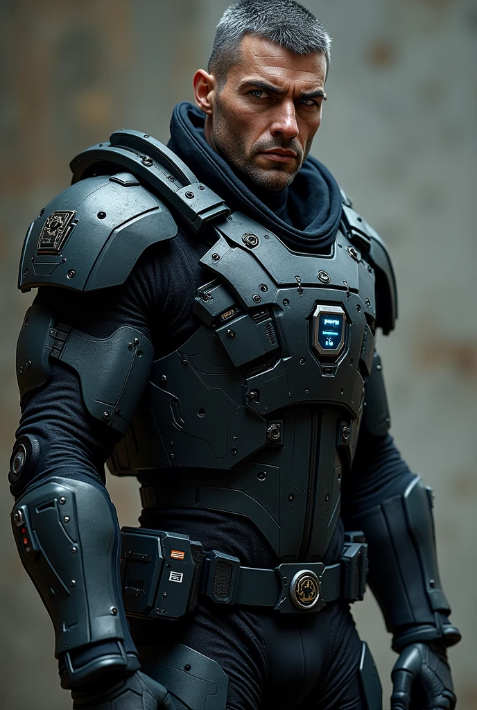 **Description Physique d'Orion "Steelheart" Hayes**
- **Cheveux** : Courts, rasés sur les côtés, gris foncé ou presque noir, avec une coupe nette et fonctionnelle
- **Visage** : Rugueux, avec des cicatrices visibles et des traits marqués, indiquant des années de combats et d'expérience
- **Yeux** : Intenses, couleur bleu acier ou gris clair, souvent illuminés par des éclats technologiques ou une légère lueur cybernétique
- **Peau** : Teint légèrement bronzé, avec des implants cybernétiques intégrés qui donnent un aspect métallique et froid à certaines zones
- **Taille et corpulence** : Grande taille, corpulence musclée et robuste, avec une posture droite et imposante
- **Implants cybernétiques** : Renforcement musculaire visible, exosquelette intégré sous la peau, augmentation des capacités physiques et de résistance ; composants métalliques au niveau des bras, des jambes et du torse, visibles sous une légère couche de peau synthétique
- **Vêtements** : Armure tactique sombre, en noir ou gris anthracite, avec des plaques renforcées, intégrant des éléments de technologie de pointe comme des capteurs et des communications
- **Accessoires** : Gants renforcés, ceinture équipée de dispositifs utilitaires et de munitions, casque léger avec visière rétractable ou intégré, souvent porté autour du cou ou fixé sur le côté
- **Ambiance** : Présence intimidante, avec des éléments de design cybernétique qui accentuent son aspect de guerrier moderne, et une aura de discipline et de détermination inflexible
- **Détails supplémentaires** : Éclairages LED discrets intégrés dans l'armure pour une meilleure visibilité dans l’obscurité, logos ou symboles de la division des forces spéciales sur les épaules ou le torse
Cyberpunk