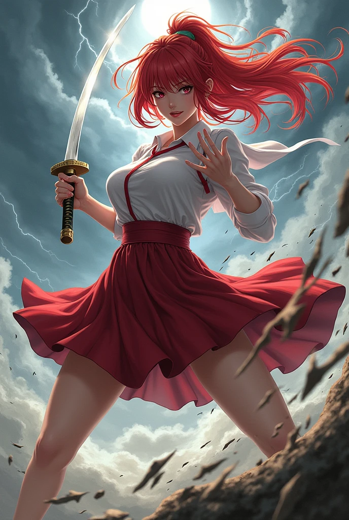 anime, adult woman, (((japanese schoolgirl uniform))), no bra, (((skirt lifted by a draft pussy))), big breasts, swirl of air all around her, sword in one hand, storm decor, fighting pose, ref hair, camera angle low angle view from below, Correct anatomy, 5 fingered hands