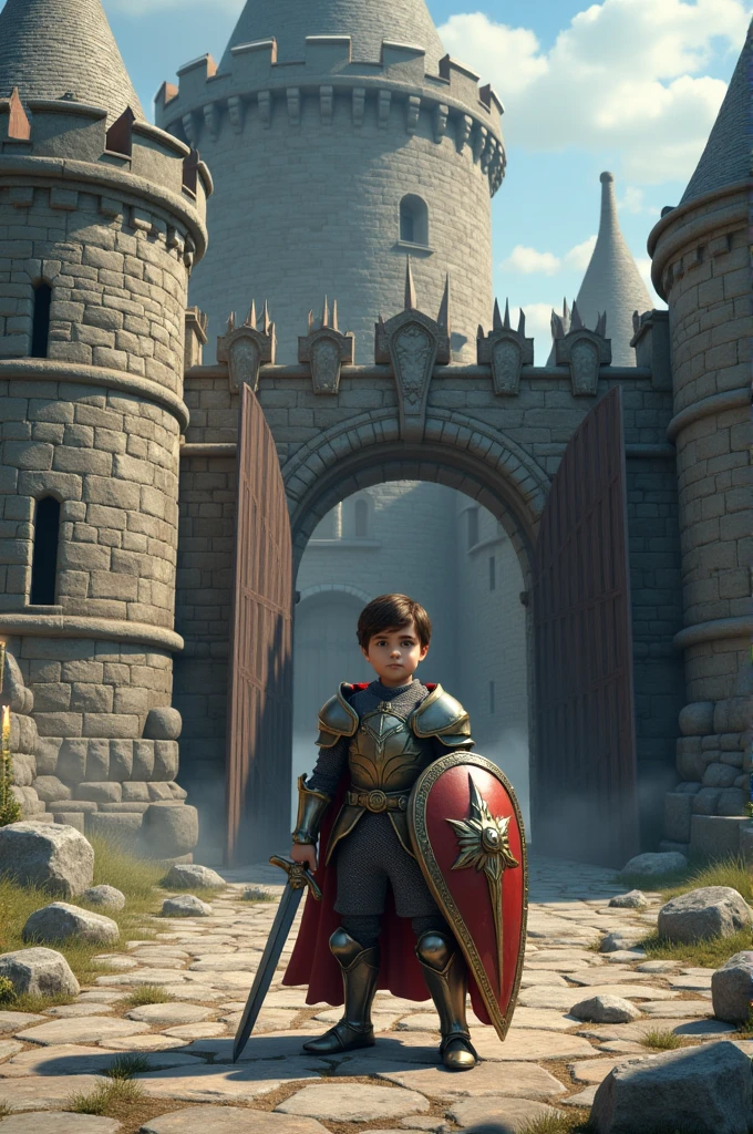 A boy stands in front of a castle, holding a shield and a sword. The castle is made of stone and has a large, spiked gate.