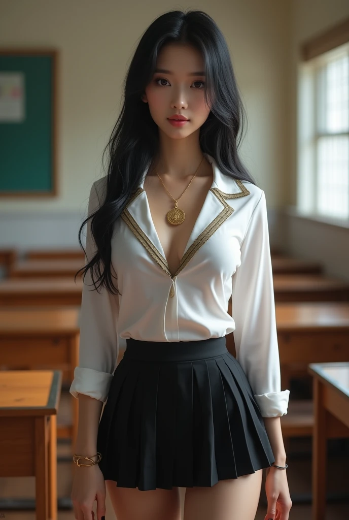 Beautiful girl with smooth skin, black hair, dark eyeshadow, gold pendant (beautiful bra, C shape), wearing a Thai student uniform, a white short-sleeved shirt, a black short skirt, a tight fit, standing and posing in a classroom. The background is a classroom, student desks and chairs. The most realistic picture.