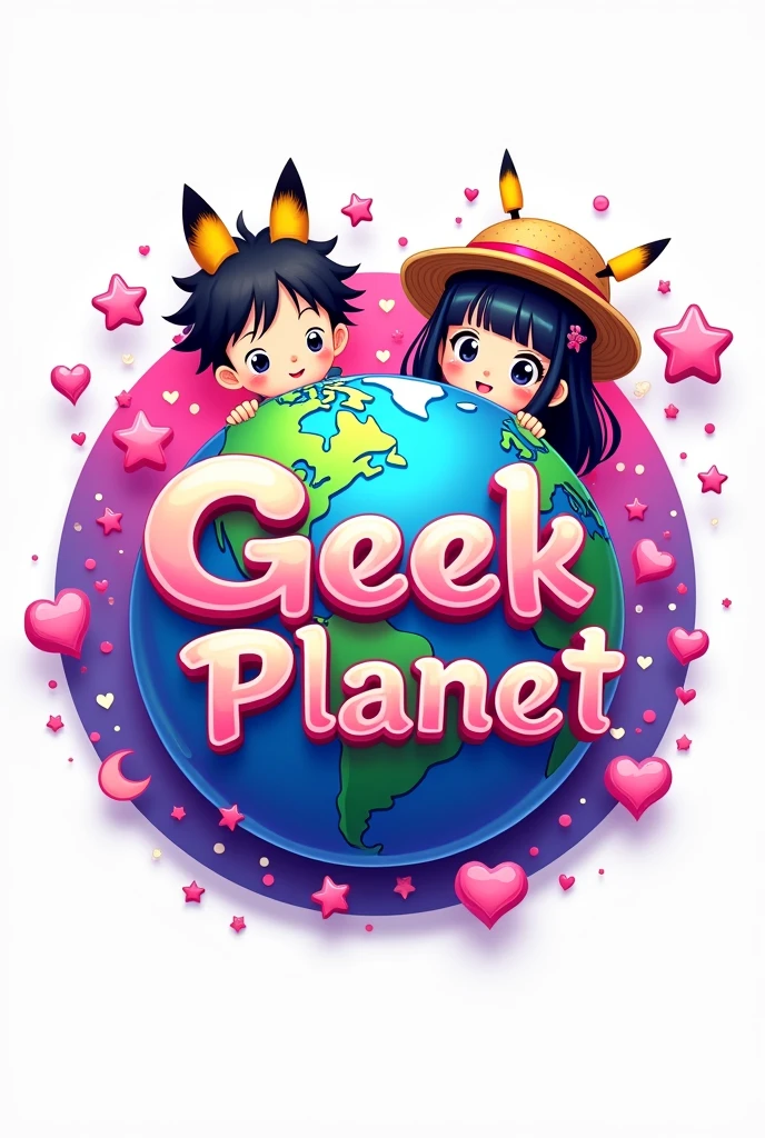 logo con un 🌎 en grande y en la parte de hasta atrás combinado con estrella, heart and crescent moon in pink and purple colors, two anime figures the boy with wavy hair and the girl with straight black hair, T-shirts and Pikachu ears or with the straw hat (Luffy de one piece) and have the name geek planet in the middle (with vivid colors the whole image) with white background