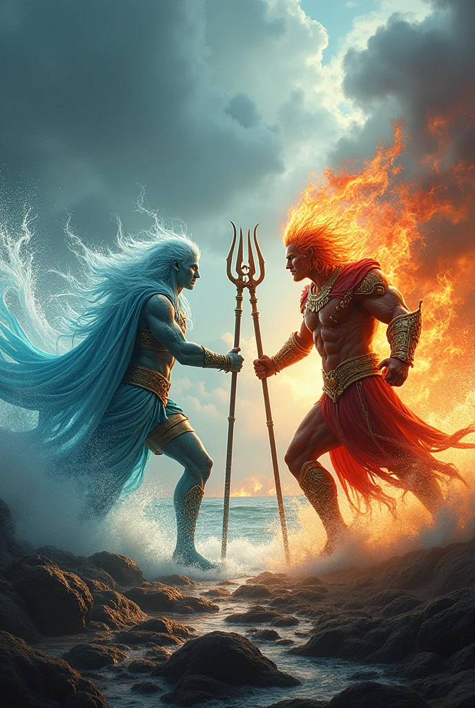 Create two warriors, one of water and one of fire, facing each other in a war between two nations.
