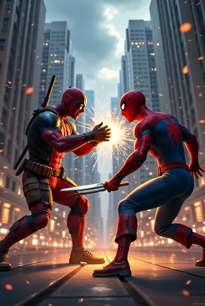 Deadpool fighting with Wolverine fighting against Captain America and Spiderman


