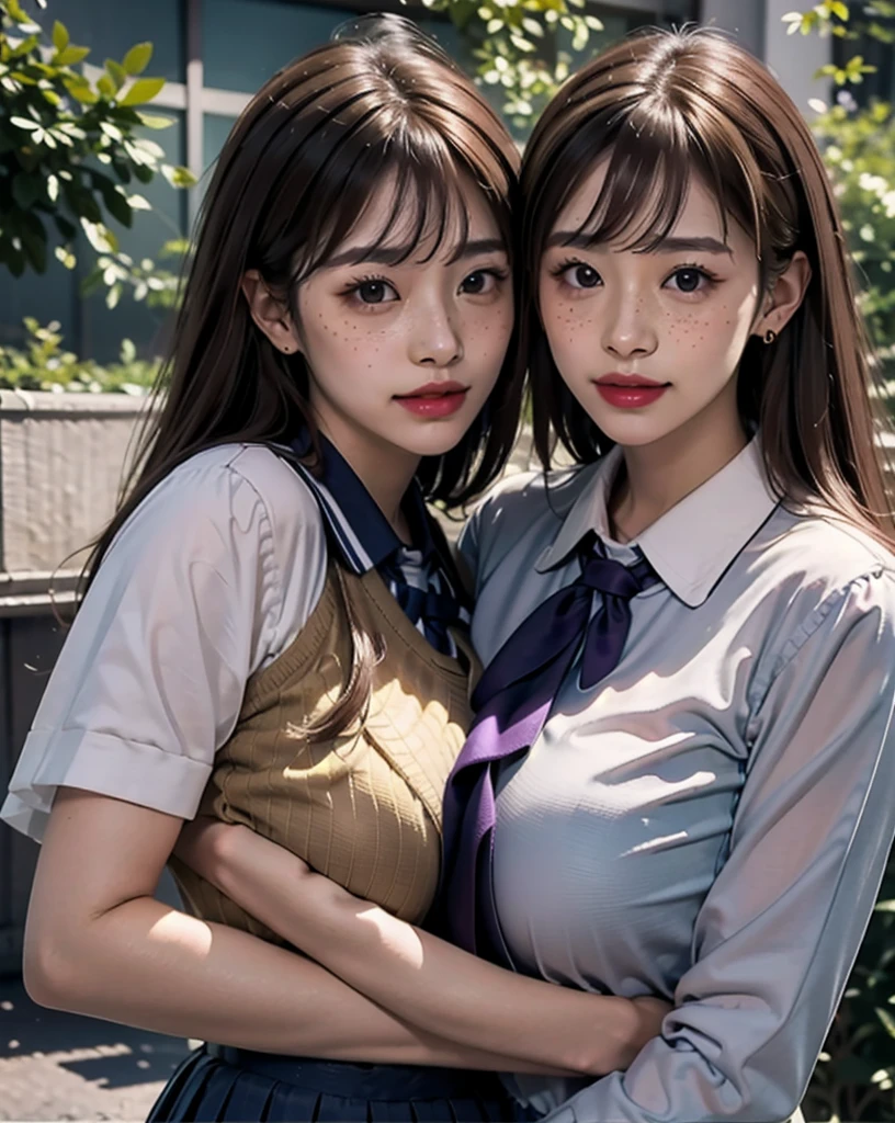 2 girls, hugging, 2, japanese, 4K, masterpiece, realistic, shiny skin, texturized skin, long whavy brown hair with bangs, purple eyes, purple eyeliners, shining red lips, freckles, very large breasts, golden necklase, golden earings, big round glasses, unbottoned white school uniform, boob tent, smile, closed mouth, blushing, bright colors, blurry background, close up, face focus.