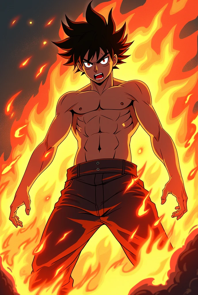 Rage mode, young man 20 years old, powerful flame around his body, sleeveless, アニメ, pouvoir, anic fight, bright eyes.