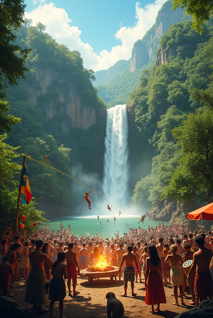 In the forest of the forest in the tropical mountains of Brazil, the sun shines on the waterfall where people are rappelling. the photo is taken from below, from the middle of the crowd and of asymmetrical composition. There is a party with musical instruments, tambourine, guitar, tambor, Flute, rabeca, atabaqui, grandfather, rattle, people dancing each in their own way next to different animals, a bonfire and macaws, monkey, ounce, squirrel, Bunnygirl.
