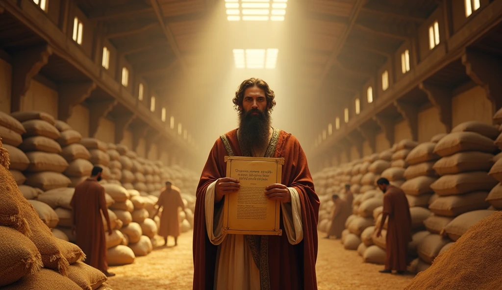 Create a hyper-realistic and mysterious image of Solomon in a vast grain warehouse, where workers are carefully stockpiling bags of grain for the future. He is standing, supervising the operation with a look of calm and wisdom, holding an open scroll that reveals a message about the value of patience and continuous work. The scene should show the warehouse lit by soft, golden light coming through small windows high up in the walls., creating an atmosphere of tranquility and purpose, and symbolizing that lasting success is the result of persistent and intelligent actions.