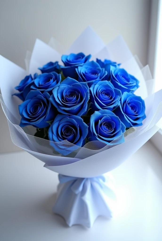 Generates an image of a royal blue bouquet of roses with white bouquet wrapping