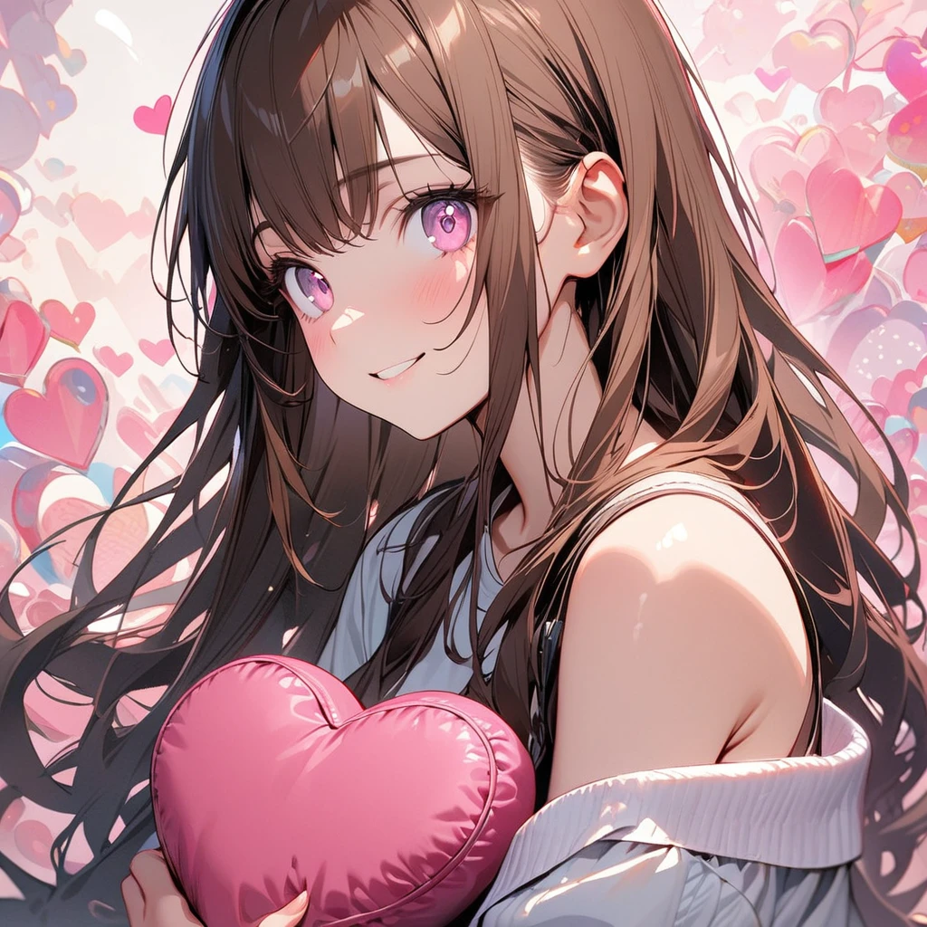 1 girl,solo,Upper body,ultra-detailed face,detailed eyes,pink eyes,Captivating Eye Reflections,Meticulous Eyelash Details,long hair,straight hair,Glossy brown hair,off shoulder,holding a heart-shaped cushionfrom side,smile,(pink fluttering-heart background),highly detailed illustration,masterpiece,8K,top quality