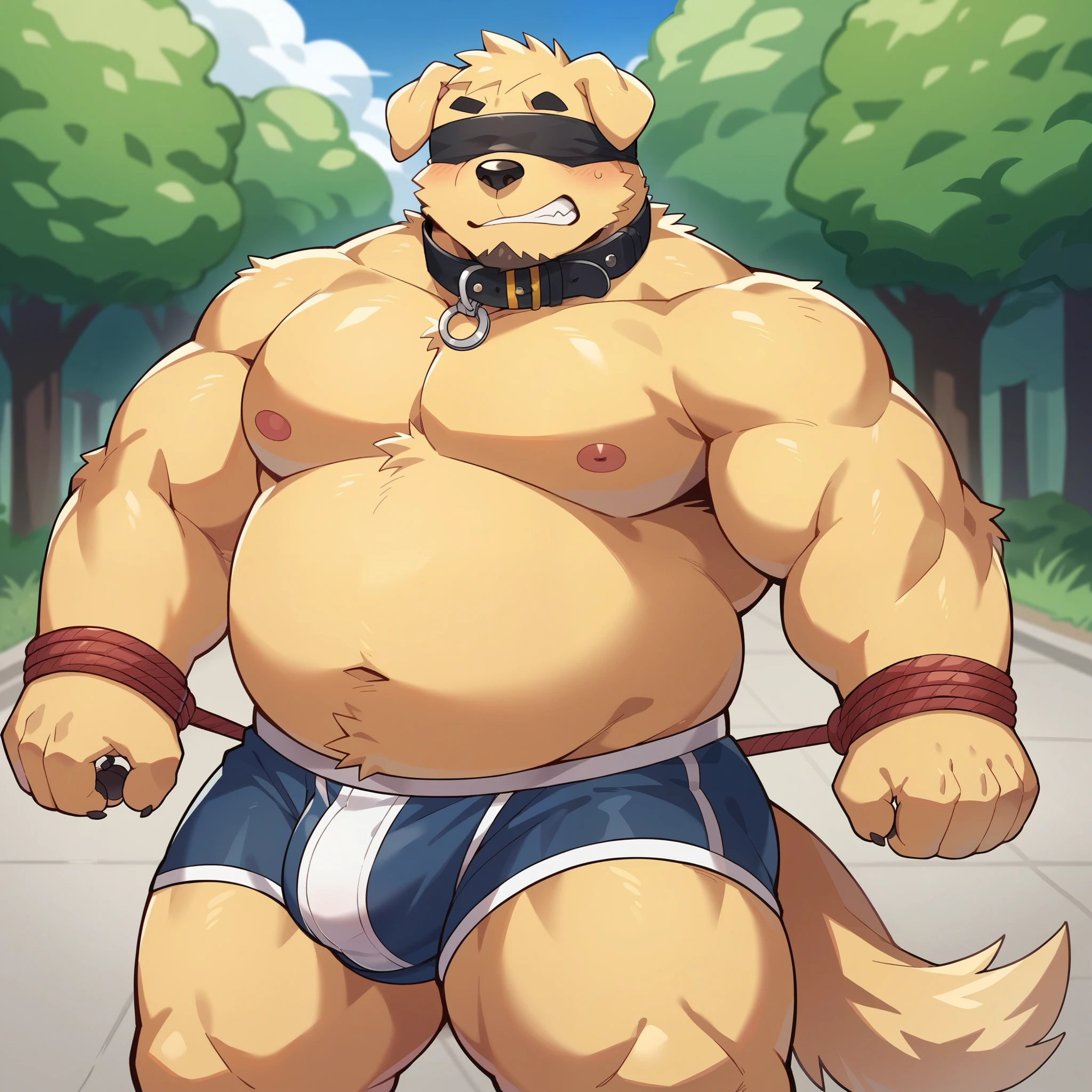 Scribble Golden Retriever face,Humanity(Golden Retriever),(Topless:1.3),Chubby,(Black eyebrows:1.1),(Blindfolded),Golden fur,(artist:Takemoto Arashi),in the park,(White Fun Underwear:1.3),paw,(black beard:1.3),(Collar:1.3),(Hip bulge:1.3),(Tied up with rope:1.3),(Slobber:1.2),(被人牵着Collar:1.3)