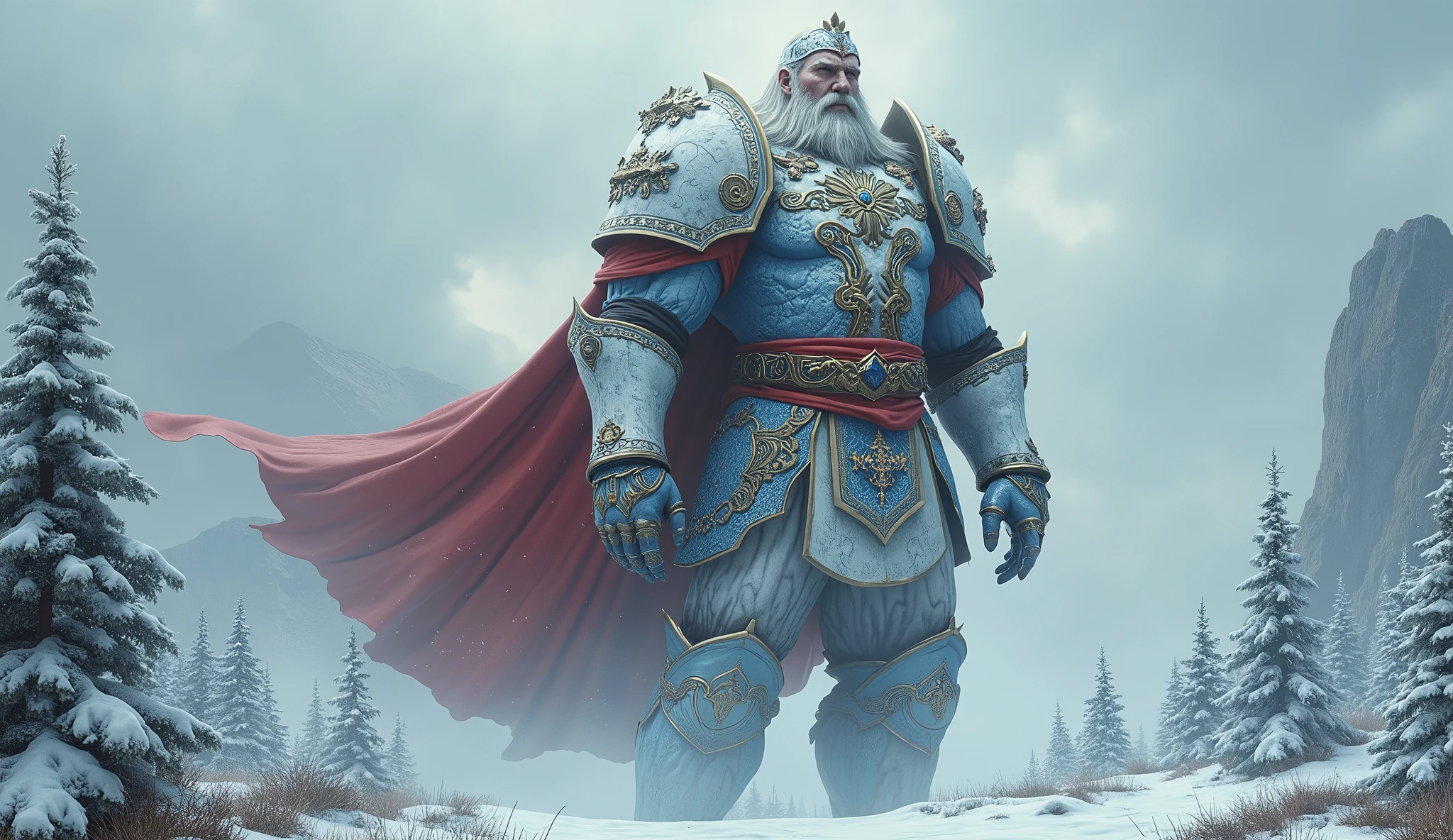 Russia as a soviet imperial tsarist giant warrior League of Legend creature in white, blue and red colors. Intricated clothing. Cinematic Fantasy sci-fi landscape background