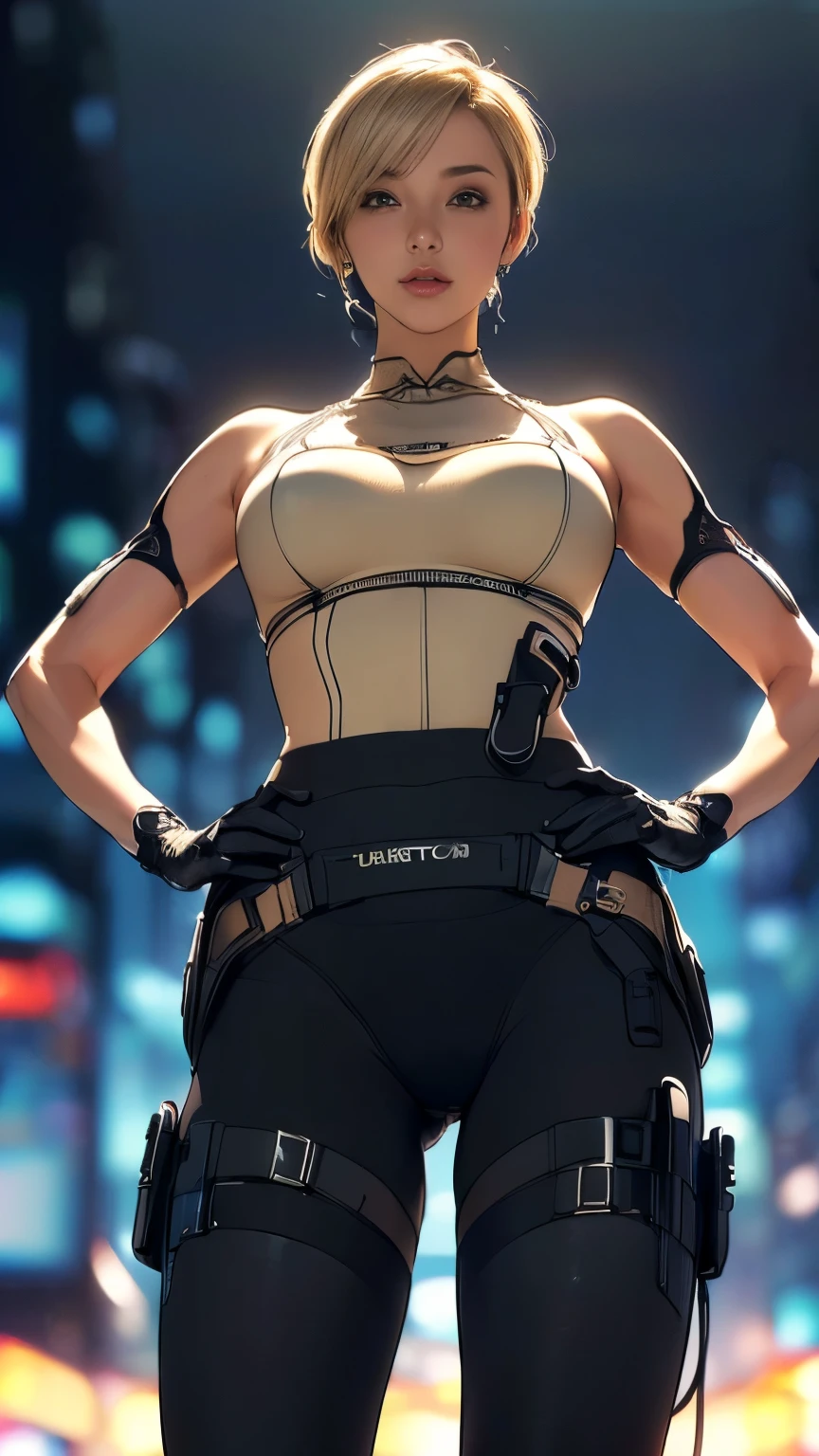 (A woman),(((Future female police officer standing))),((Black Tactical Tights:1.5)),((Camel toe:1.5)),((earphone:1.5)),((Tactical Holster:1.5)),(Gloves:1.5),(((Hands on hips:1.5))),(front:1.5),(From below:1.2),(Super short hair:1.5),(Blonde:1.5),(beautiful eyes:1.3),(Very detailedな顔:1.5),((Very detailedな女性の手の描画:1.5)),((muscular:1.5)),(Sexy look:1.5),((Thick thighs:1.5)),(Beautiful Body:1.5),((Very sensual:1.5)),(The backdrop is a futuristic city:1.5),(Cyberpunk atmosphere:1.5),(((Blurred background:1.5))),(Written border depth:1.5),rest(((masterpiece:1.5),(best quality:1.5),(Very detailed:1.5),(high resolution:1.5),(Practical:1.5),(Practical:1.5),(Delicate depiction),(carefully drawn))),8K,wallpaper