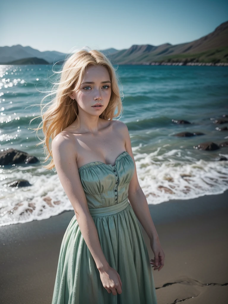 best quality masterpiece award winning photo upper body woman freckled face windblown blonde hair emerald eyes modern strapless dress by Jeremy Lipking by Antonio J. Manzanedo by Lee Jeffries Nikon D850 film Photography 4 camera kodak portra 400 f1 lens.6 rich colors, realistic texture, Hyper-realistic dramatic lighting, unreal mechanism, tendência no artstation cinestill 800, Fish-eye lens, kilt style, windy beach, Scottish lake, forst