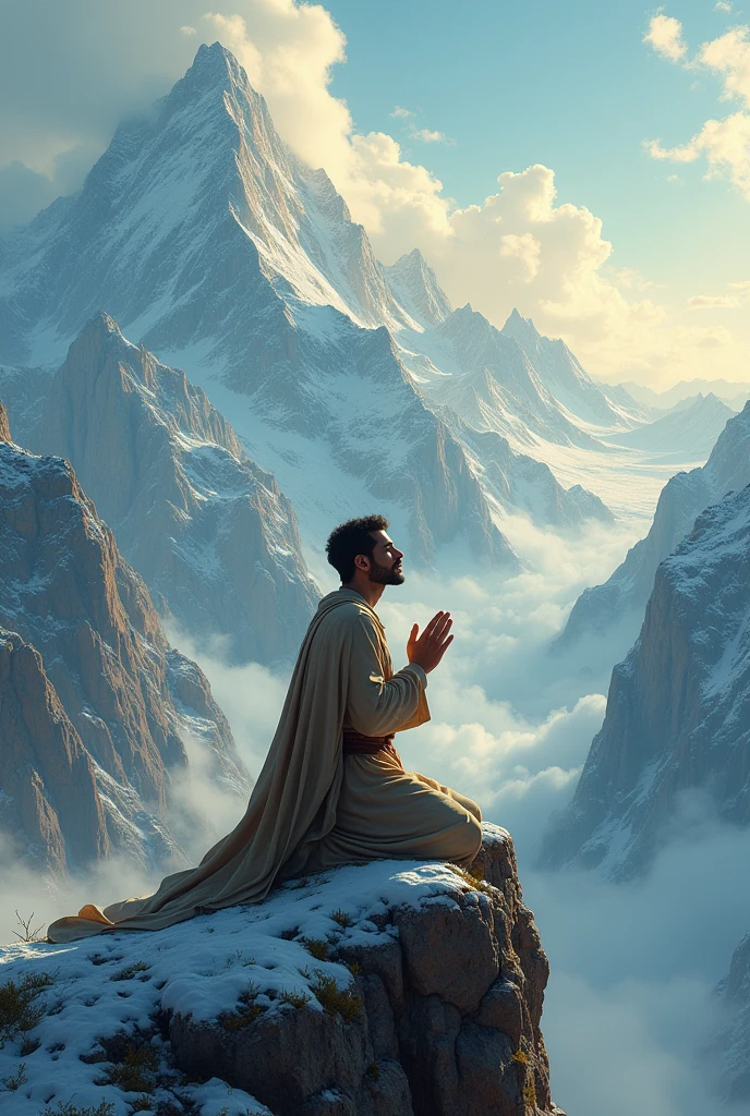 A man praying to God on a mountain