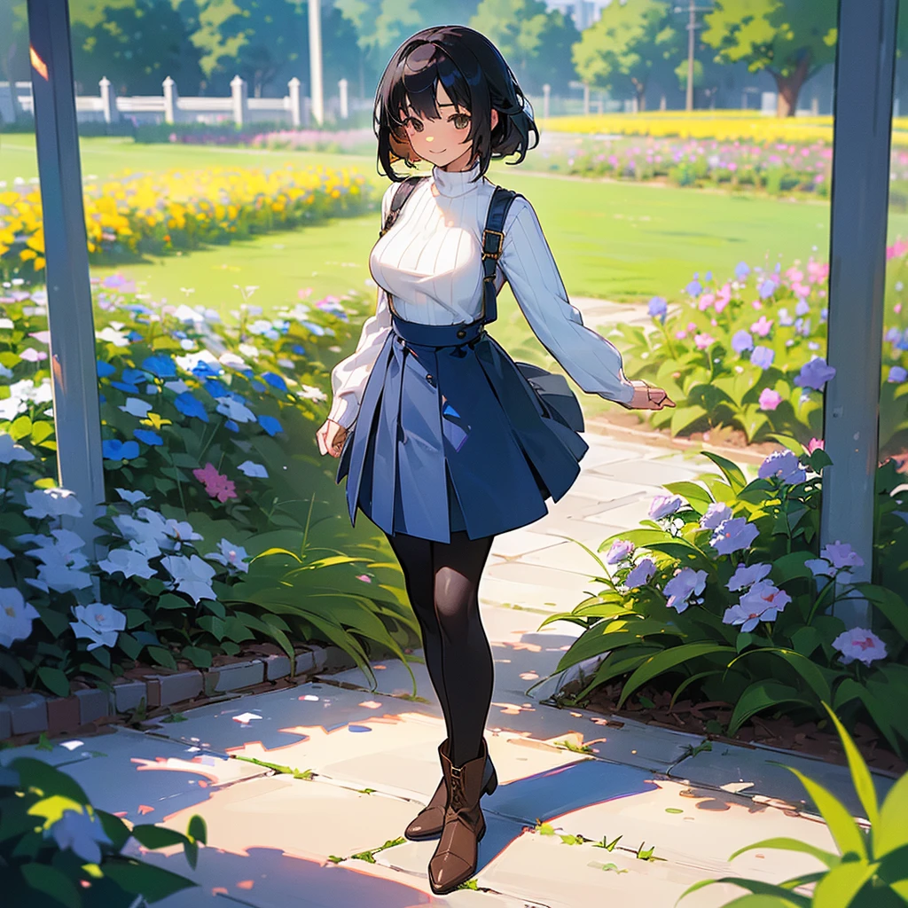 (high quality, High resolution, Very detailed, reality:1.37), Peaceful atmosphere, (Outdoor, garden), Teenage girl standing alone, (my breasts are big.), Beautiful details, Cute Smile, (Black bob hair), Ribbed sweater, Blue Skirt, Black tights, Brown boots.