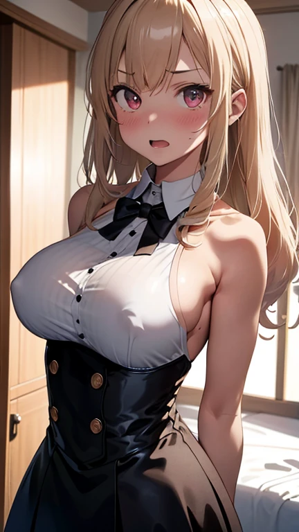 mastute piece,Best Quality,insanely detailed,8k cg,nsfw,
(shoot upper body:1.3),
(1girls:1.3),standing,looking at viewr,body in front,(arms behind back:1.4),(butler costume:1.4),Deacon's uniform:1.4,(bare breasts:1.2),BREAK,
blush,shy,(ecstasy face),(trembling:1.2),BREAK,(light blonde hair:1.2),
BREAK,
perfect breasts,perfect teats,(open mouth:0.9),(large breasts:1.2),
(bedroom),