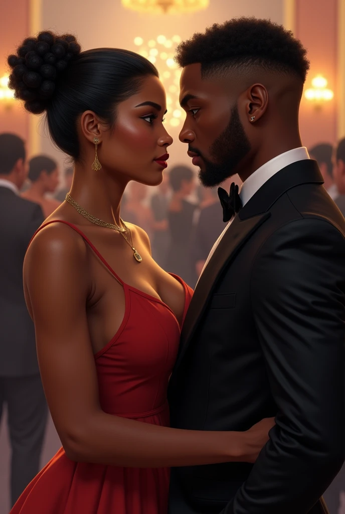 Generate A beautiful black young woman and man with her black natural hair slicked back in her 20s. She should be realistic and human wearing a very decent dress and very curvy body shape a half picture in a very large room with people and a very handsome black man stealing a glance at her. Let the picture include the image of the lady just generated. Show a young man looking at the woman. Make it realistic, a young man looking face to face with the woman from a distance at an event