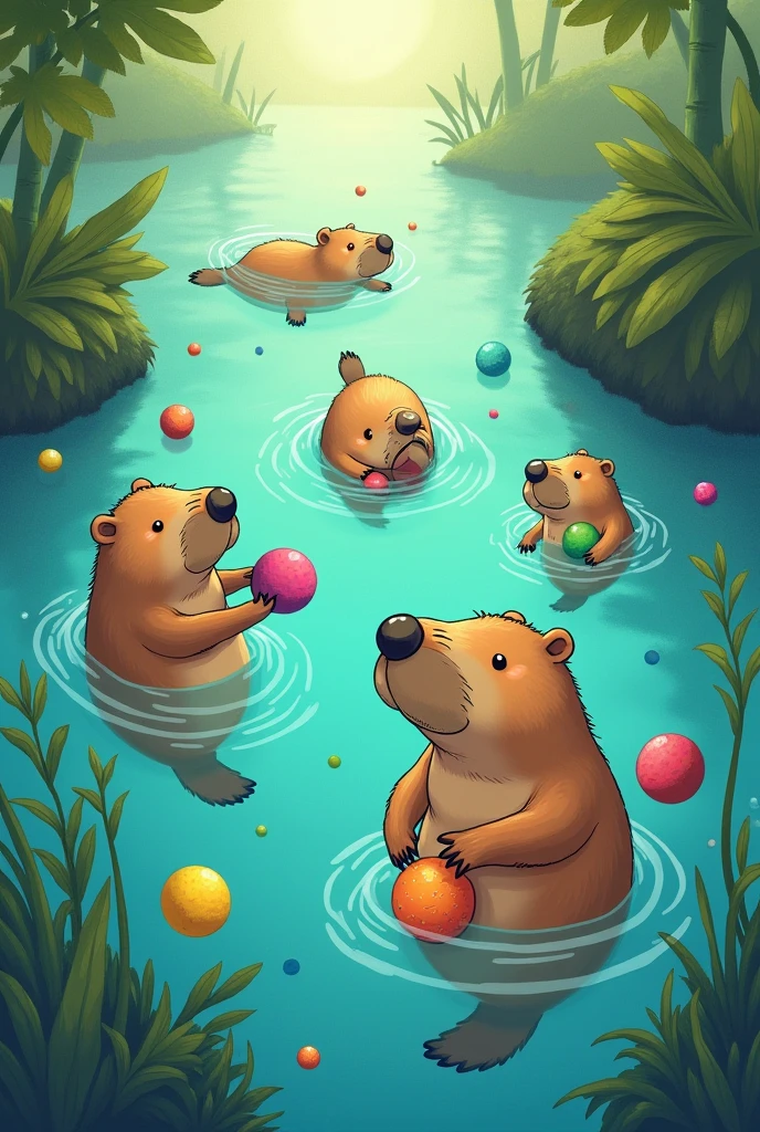 Capybaras swimming and diving, some playing with colored balls in the water. The background is green and blue with vegetation and aquatic plants.. The image will be used in a children's book. 2d drawing format
