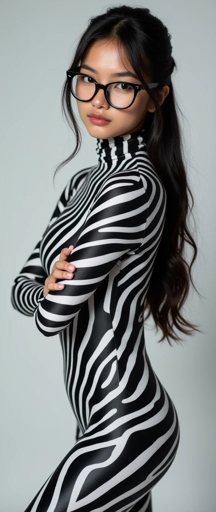 The beautiful Asian muslimah adult girl wearing a glasses wears zebra lycra spandex zentai open face suit