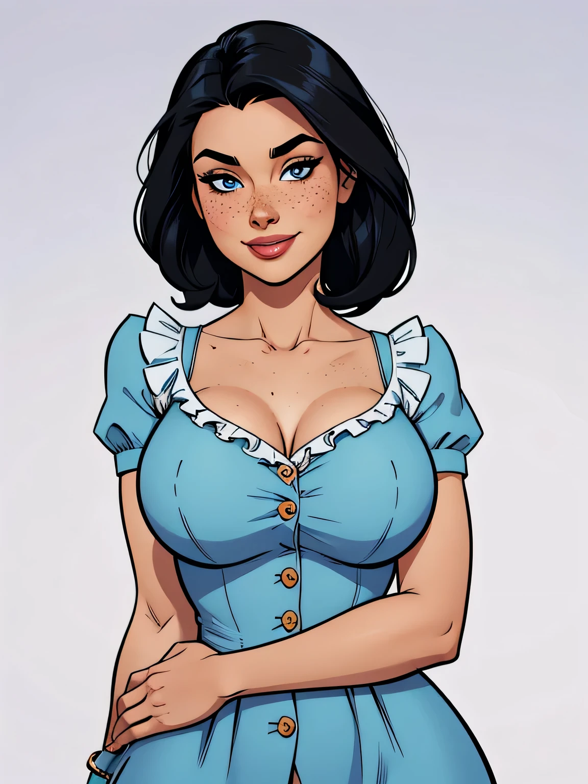 Thin woman, age 25, 4K (High definition), mysterious smile, seducing gaze, eyes browns, wearing a light blue dress with a boat neckline (with buttons) and short sleeves with ruffles, arms positioned at the side of the body, Caucasian skin, straight black hair to shoulder length, standing (upper body), full of curves with freckles across her chest and neck, natural round breasts. Marvel style high quality, white background.